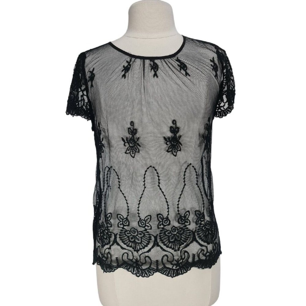 B envied Women Size M Black Floral Mesh Lace See Through Blouse Crew Neck  181P